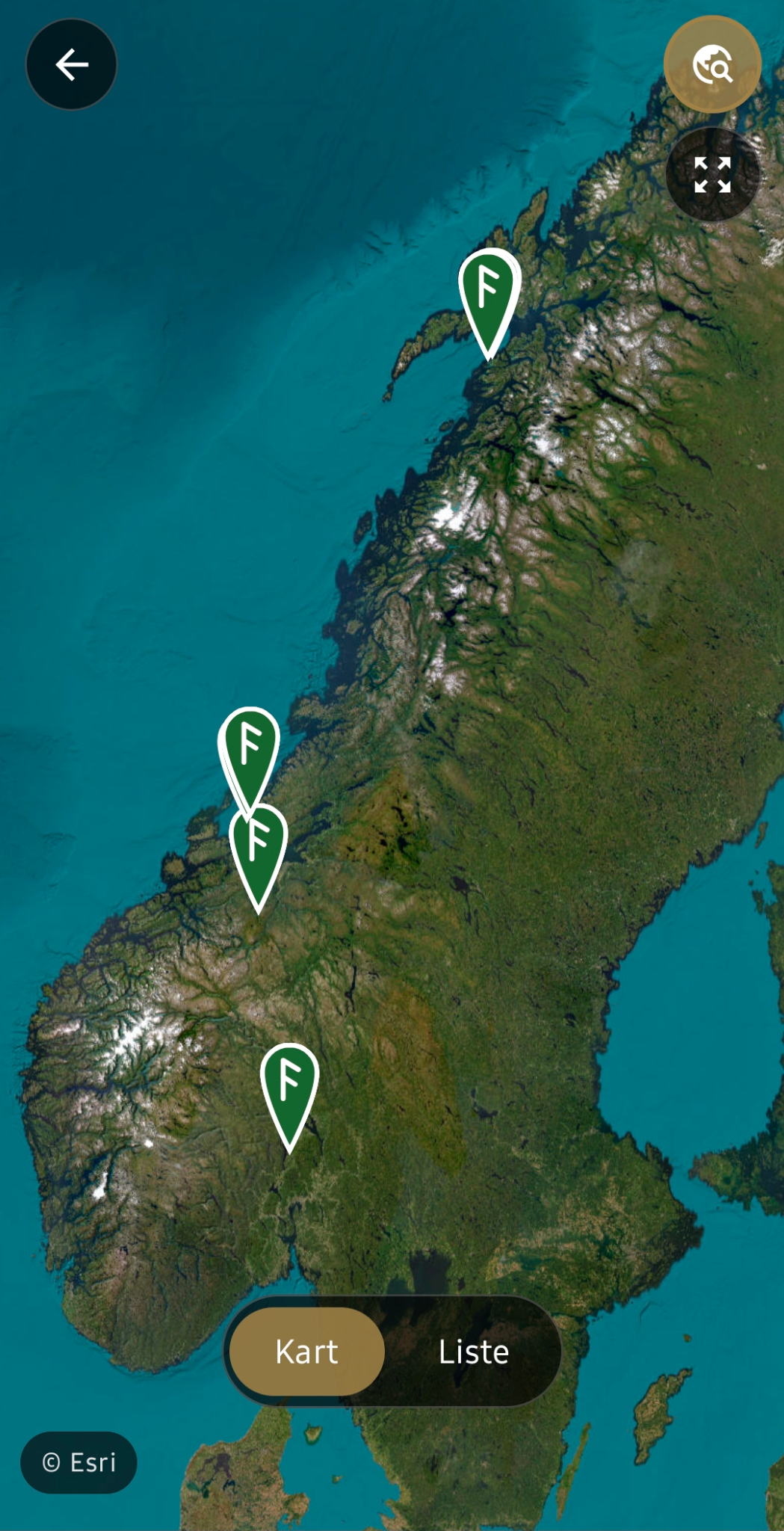 Funnkart med markører i Norge
