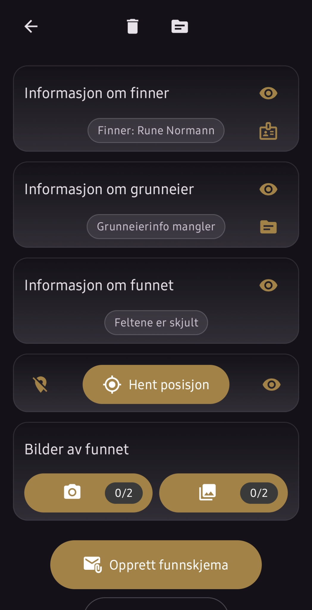 Funnskjema registreringsskjerm